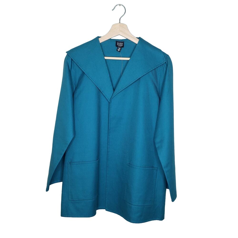 NWT EILEEN FISHER Petites 100% Cotton Stand Collar Jacket Teal Women's PS *Flaw
